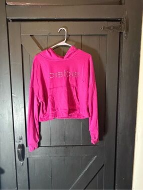bebe Hot Pink Cropped Hoodie with Rhinestone Logo